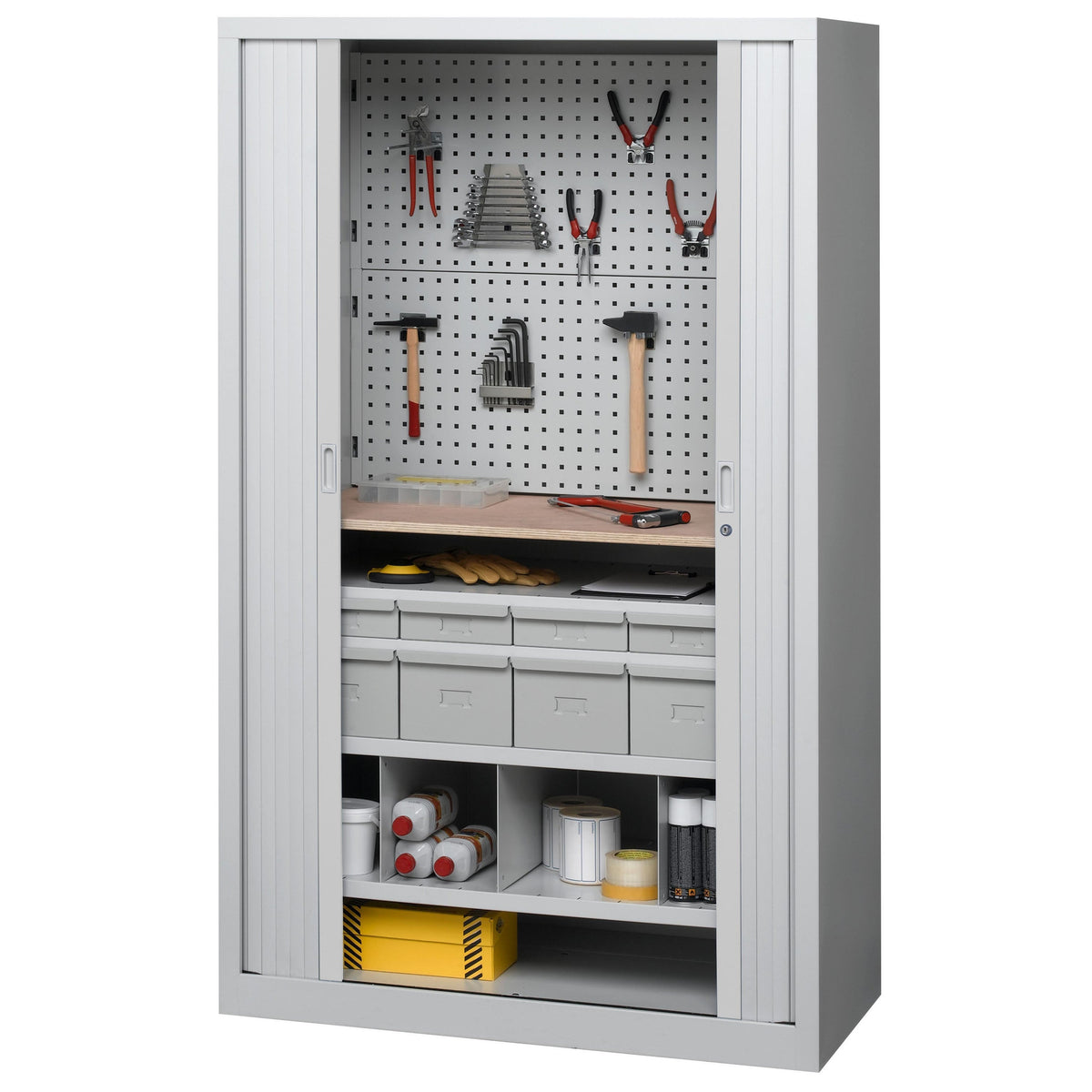 Armoire d'atelier à rideaux équipée d'accessoires pour outils